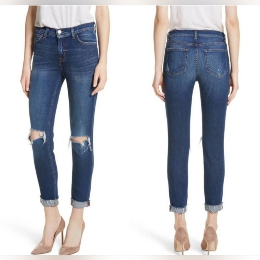L'Agence Blue Rachel Slim High Rise Distressed Ripped Cropped Jeans Size 27 - Picture 1 of 8